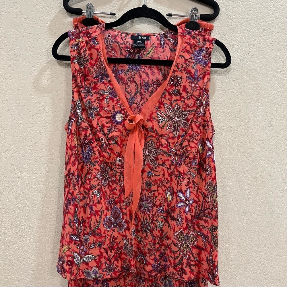 Y2K LinQ Los Angeles Women's Ruched Floral 100% Silk Set Sz L Boho Cottagecore - Picture 3 of 10